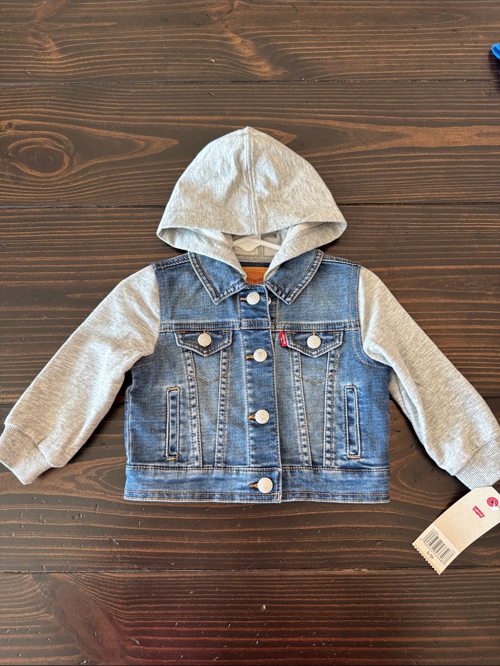 Levi's Blue Denim Jacket with Gray Hood & Sleeves